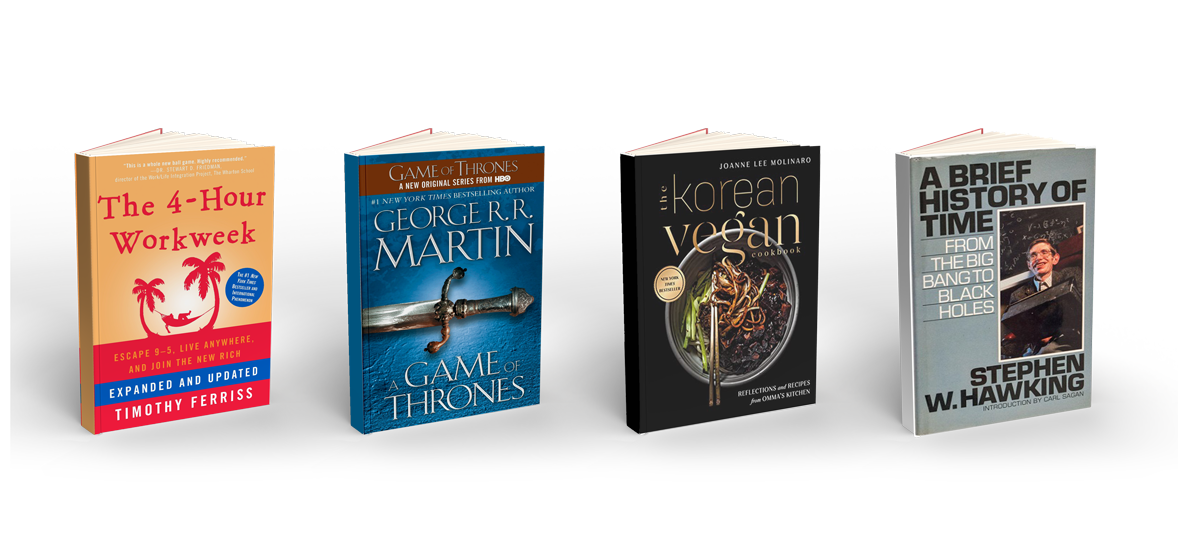 Four book covers with evocative titles, namely: "The 4-Hour Workweek", "A Game of Thrones", "The Korean Vegan", and "A Brief History of Time".