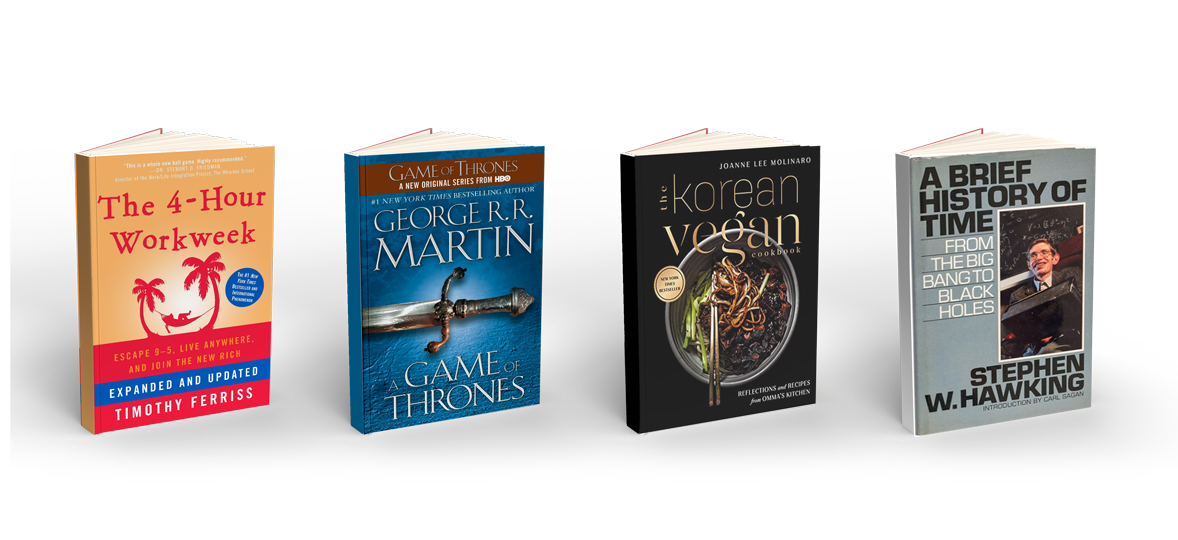 Four book covers with evocative titles, namely: "The 4-Hour Workweek", "A Game of Thrones", "The Korean Vegan", and "A Brief History of Time".