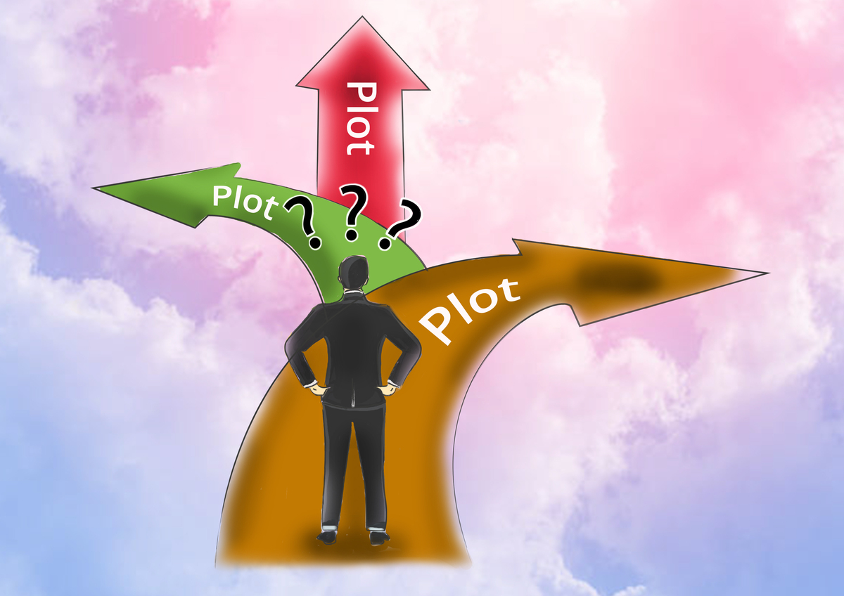 A writer stares ahead at a path that branches out into three paths, each bearing the name plot. The writer is wondering how to write a powerful plot.