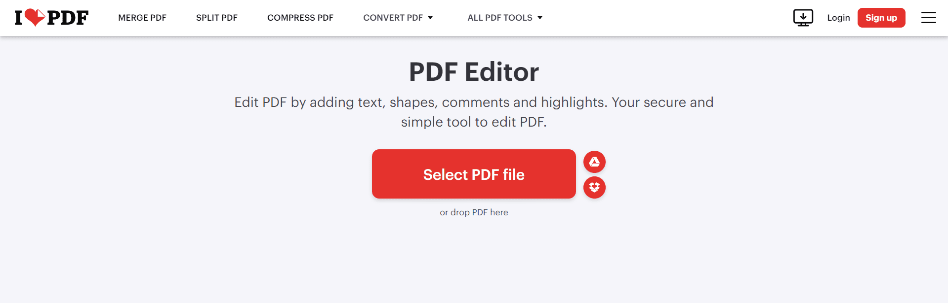 iLovePDF PDF editor.
