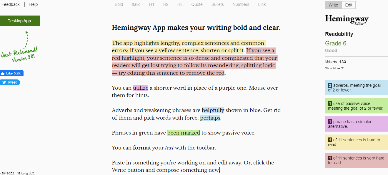 A screenshot of Hemingway, an essay editing app that makes your writing clear and direct.
