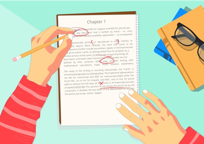 A developmental editor marks errors in a manuscript.