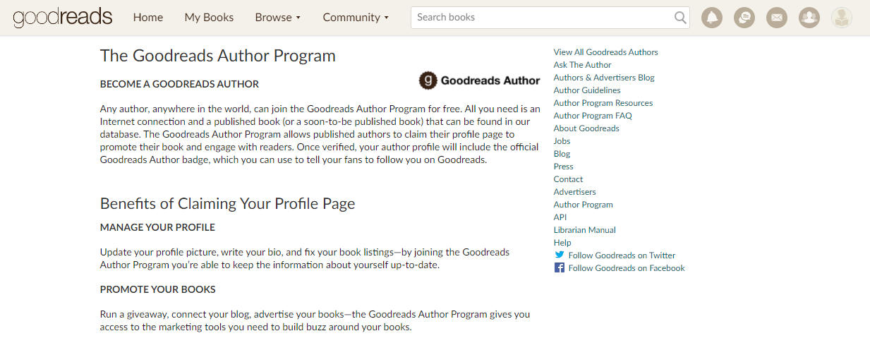 A screenshot of the Goodreads author program webpage.