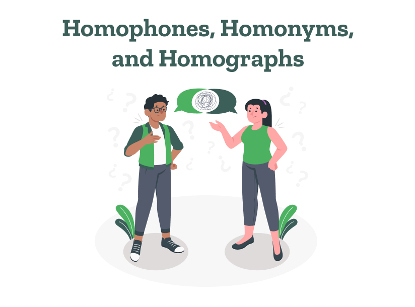 Two speakers discuss homophones, homonyms, and homographs.
