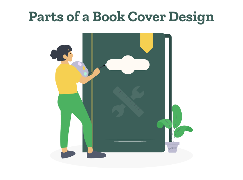 A designer works on the 7 parts of a book cover design one by one.