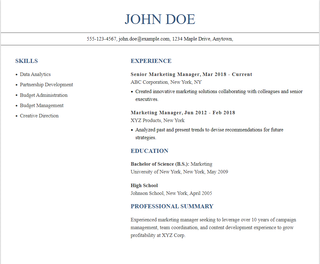 Chronological resume example.