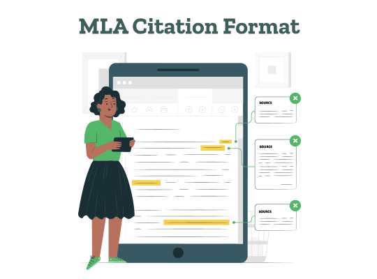 A person stands next to a giant tablet that shows various sources cited in a paper. Text on image reads: MLA Citation Format