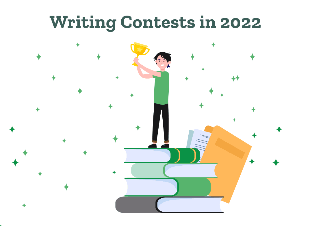 A writer stands on a pile of books holding a trophy, representing writing contests 2022.