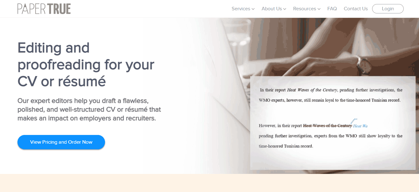 The home page for PaperTrue resume editing services.