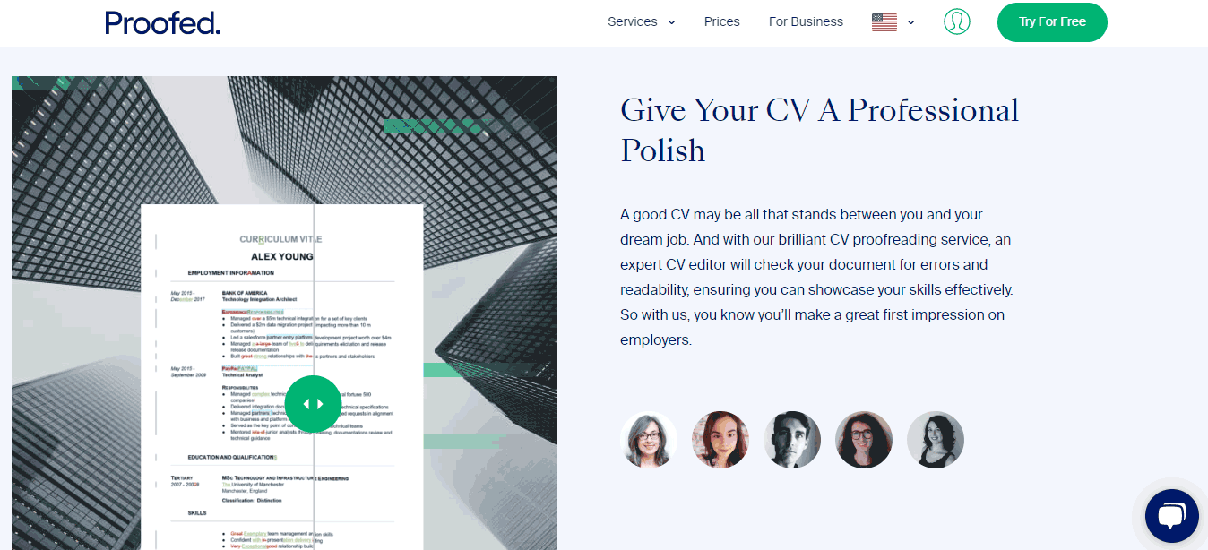 Proofed’s resume edit services webpage.
