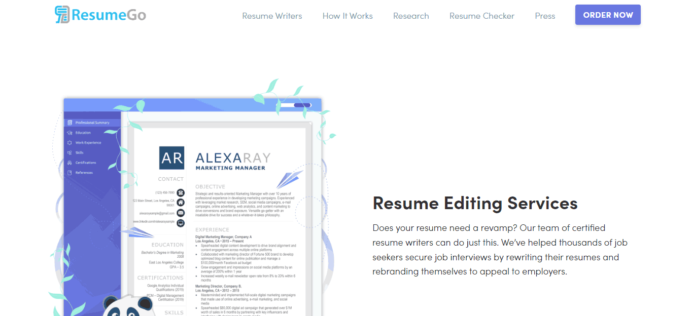ResumeGo’s professional resume editing services homepage.