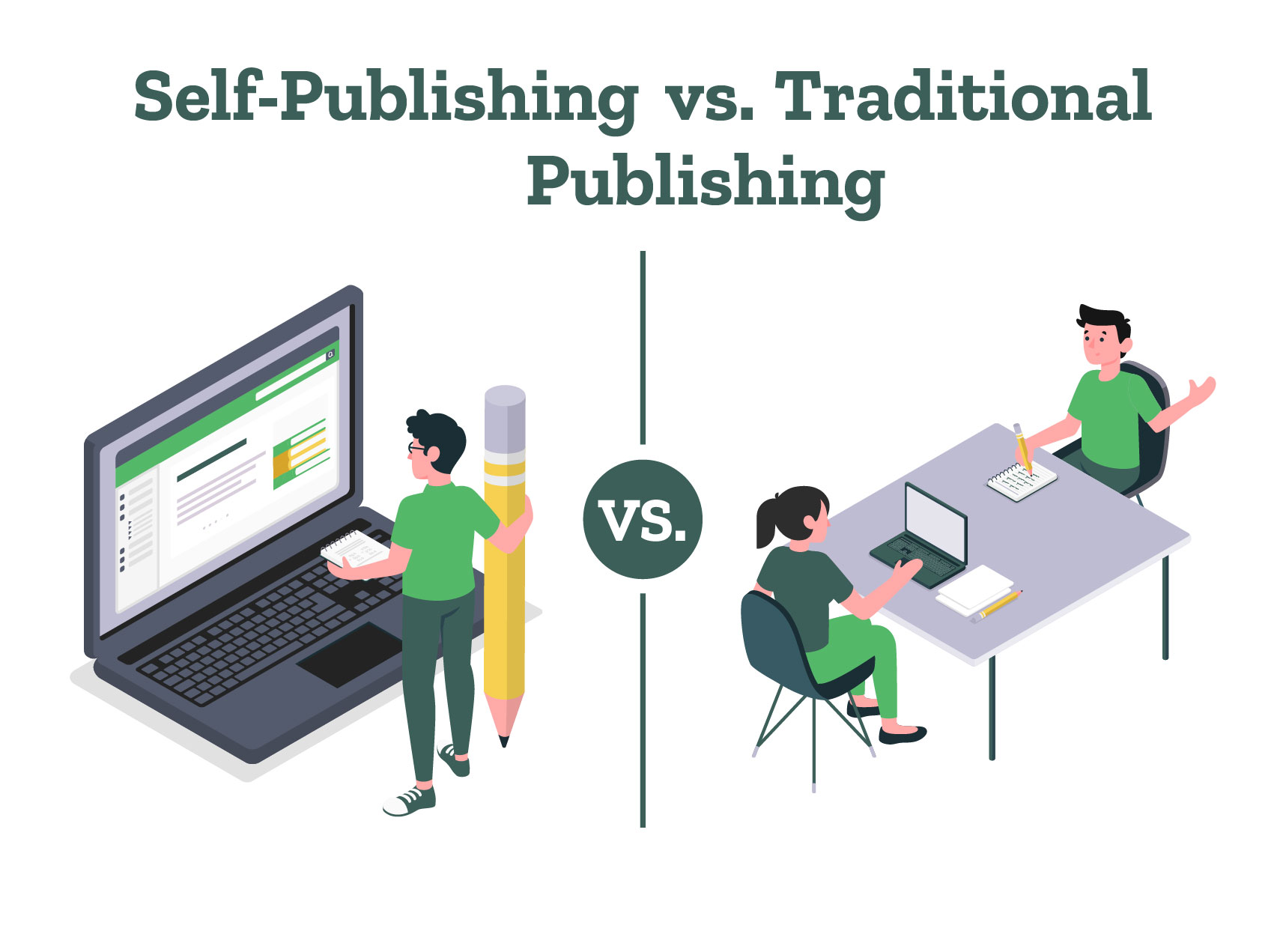 Authors can be seen choosing between self-publishing vs. traditional publishing.