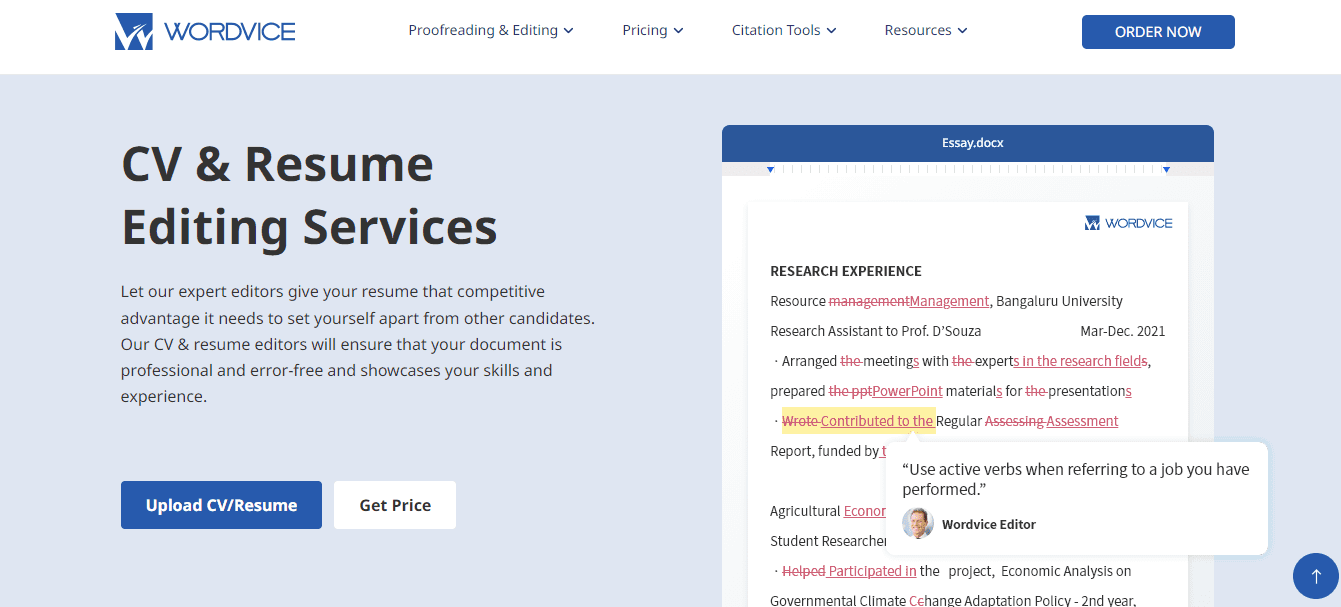 The homepage for Wordvice’s resume editor service.