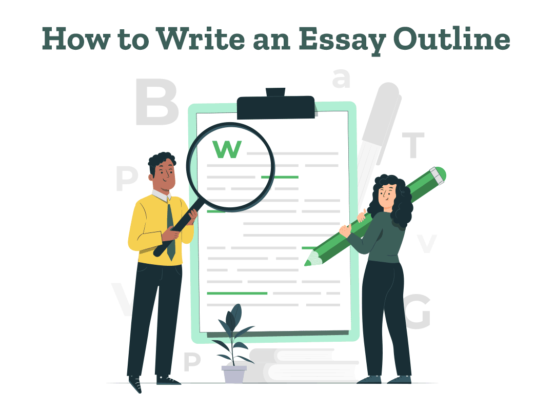 Two students stand by a giant essay document, wondering how to write an essay outline.