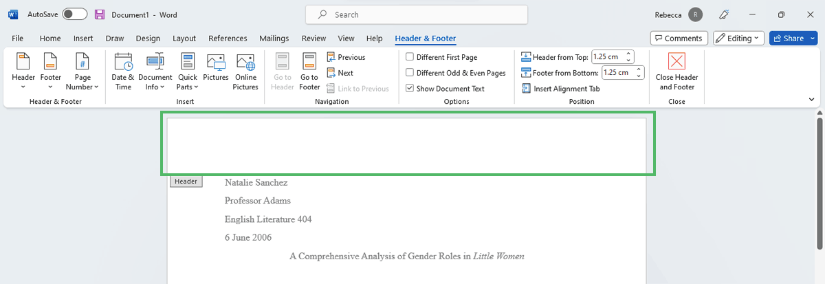 First step of the essay header formatting. Double right-click on the top of the page