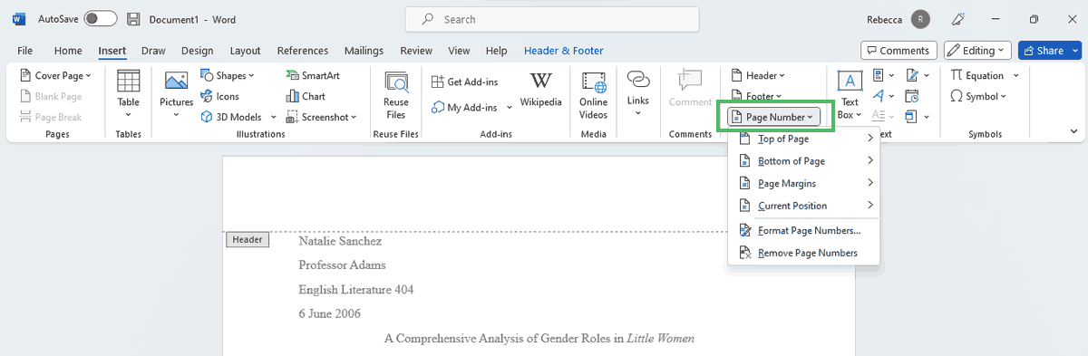 Third step of essay header formatting. Click on the “page number” tab under the “insert” option
