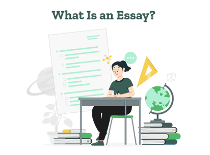 Woman sits on a desk with a pen and paper wondering what is an essay