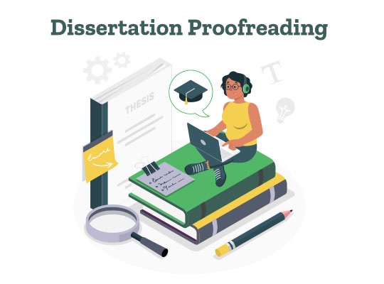 A student sits on a pile of books and performs dissertation proofreading for her document.