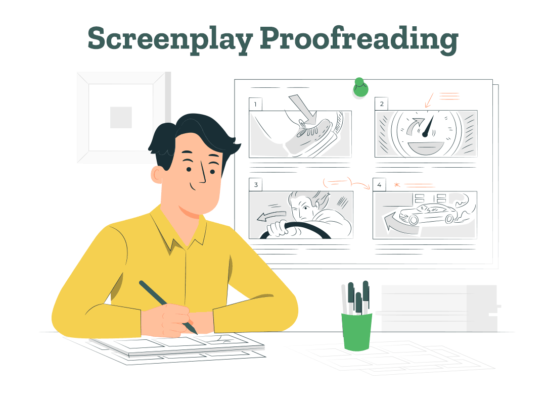 A man conducts screenplay proofreading for a screenplay document used for a film or TV series.