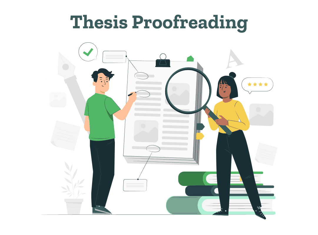 A man and woman perform the task of thesis proofreading on their thesis document.