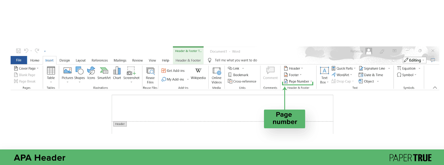 The page number option from the insert toolbar is highlighted and labeled.