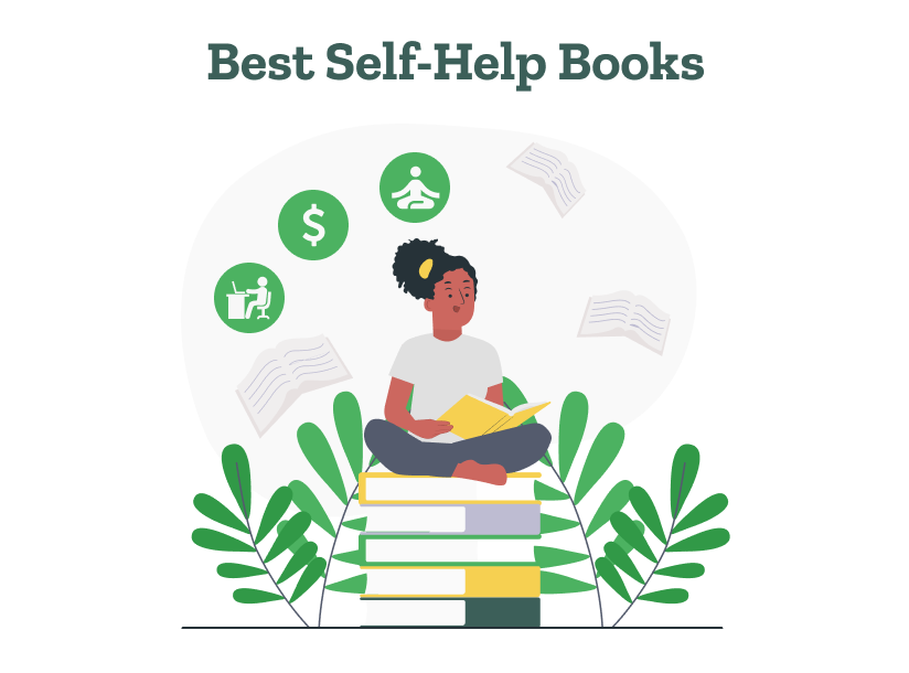 A reader sits atop a giant pile of the best self-help books of 2023.