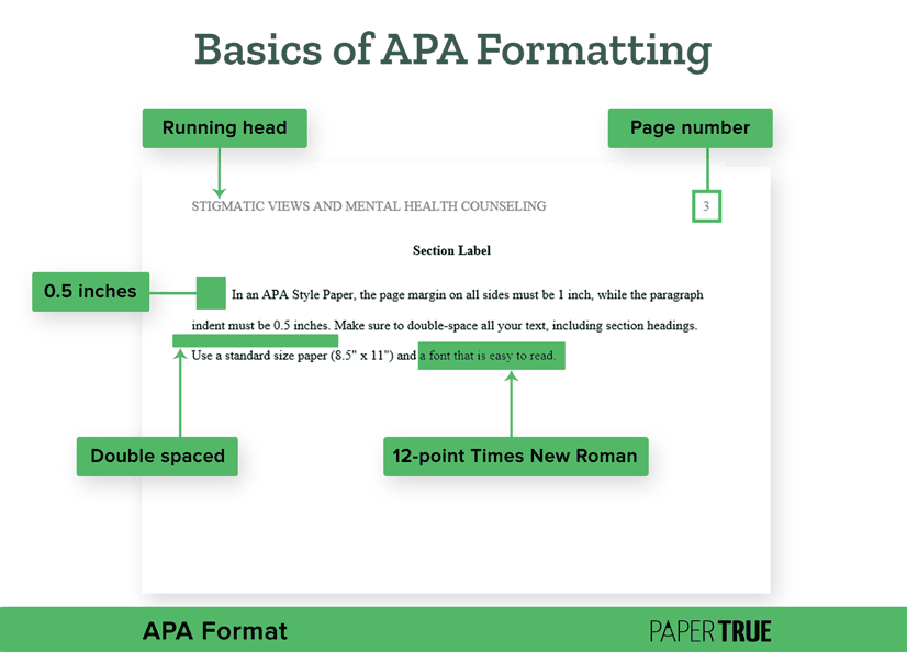 A page showing the basics of an APA research paper format that are font, spacing, running head, and page number. 