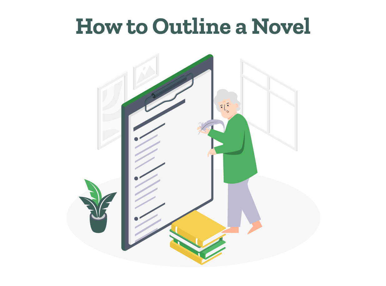 A novelist jots down important aspects of their story to create a novel outline.