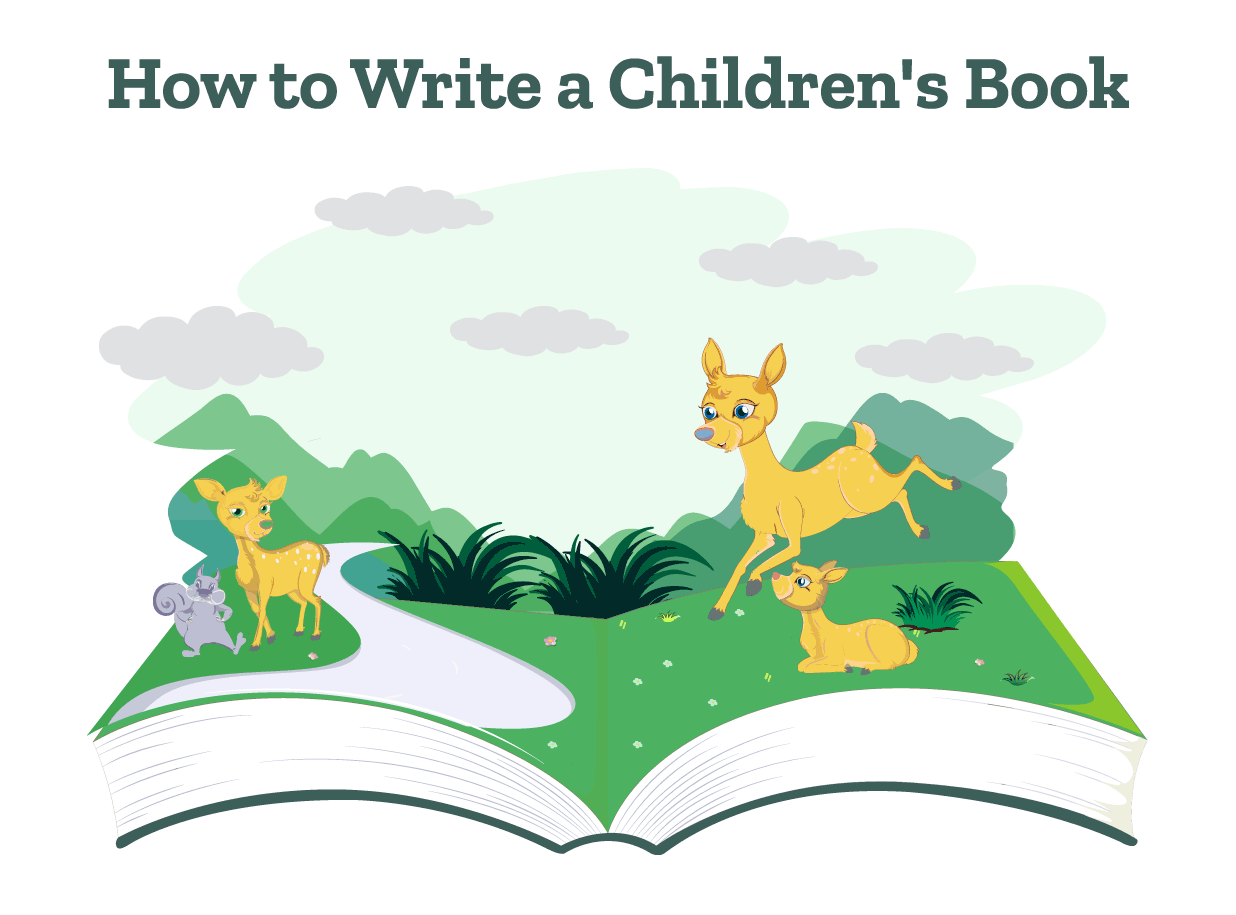 An open book, from which a picturesque scene of deer and rabbits emerges. Learn how to write a children’s book with our help!