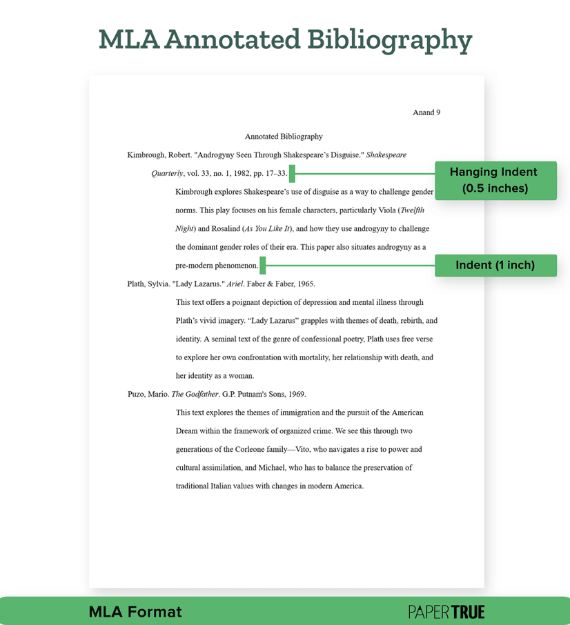 A template showing the MLA 9th edition annotated bibliography. 