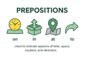 Prepositions like on, in, at, and to are shown as parts of speech.
