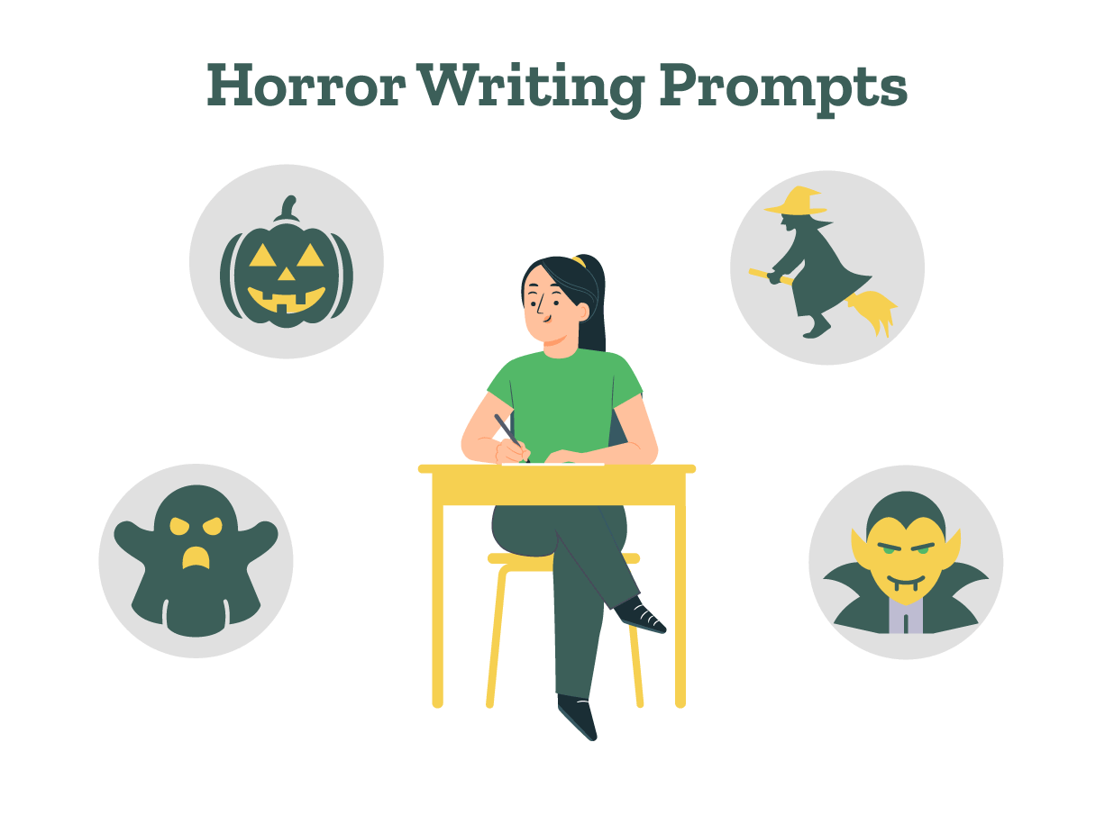 A girl is thinking about horror writing prompts related to ghosts, witches, vampires, and more.