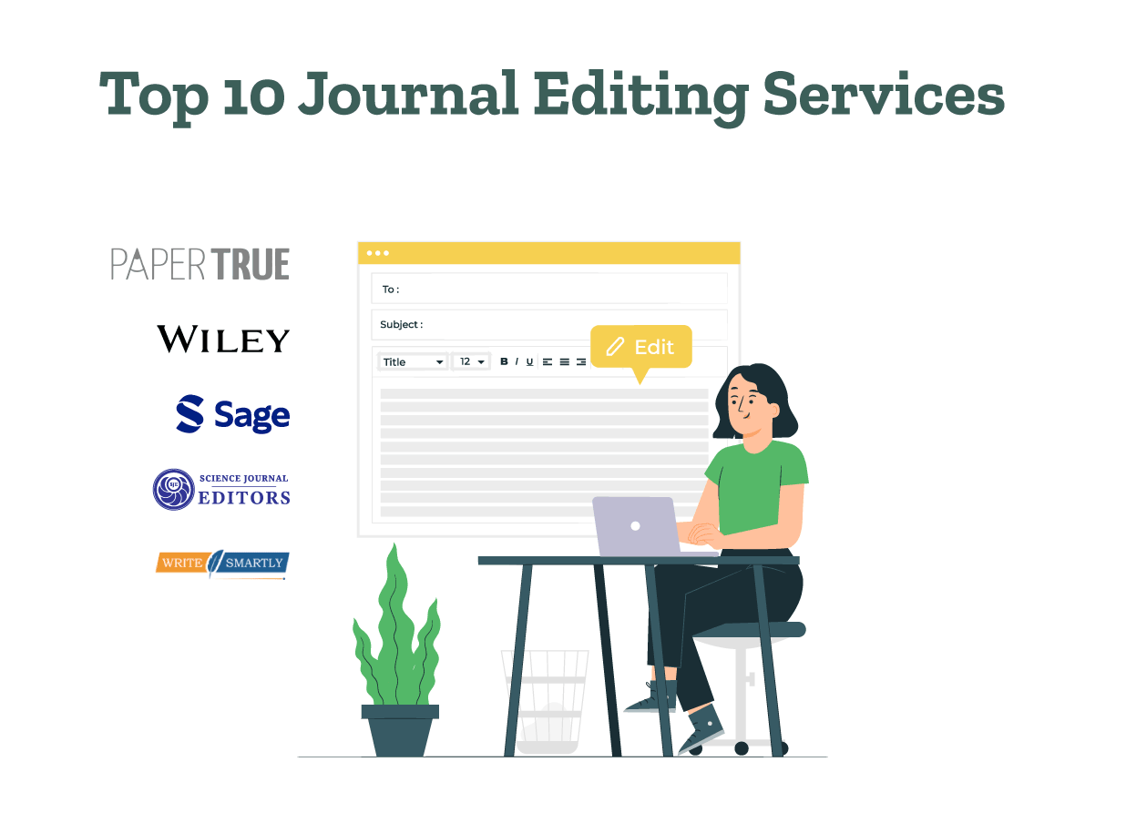 A girl is researching various journal editing services like PaperTrue, Wiley, Sage, and more.