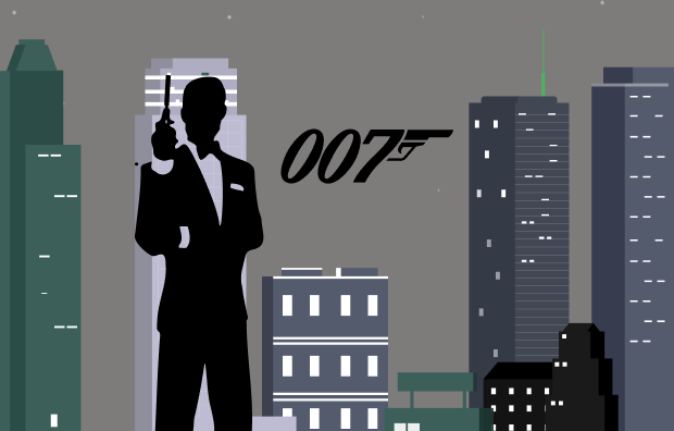 One of the famous fictional characters, James Bond is standing in the dark night, alert. 