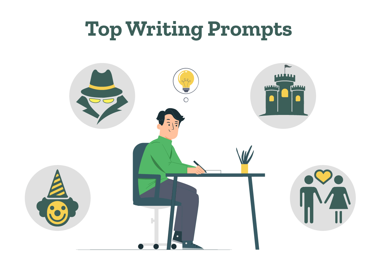 A boy is writing on writing prompts related to romance, fantasy, and more.