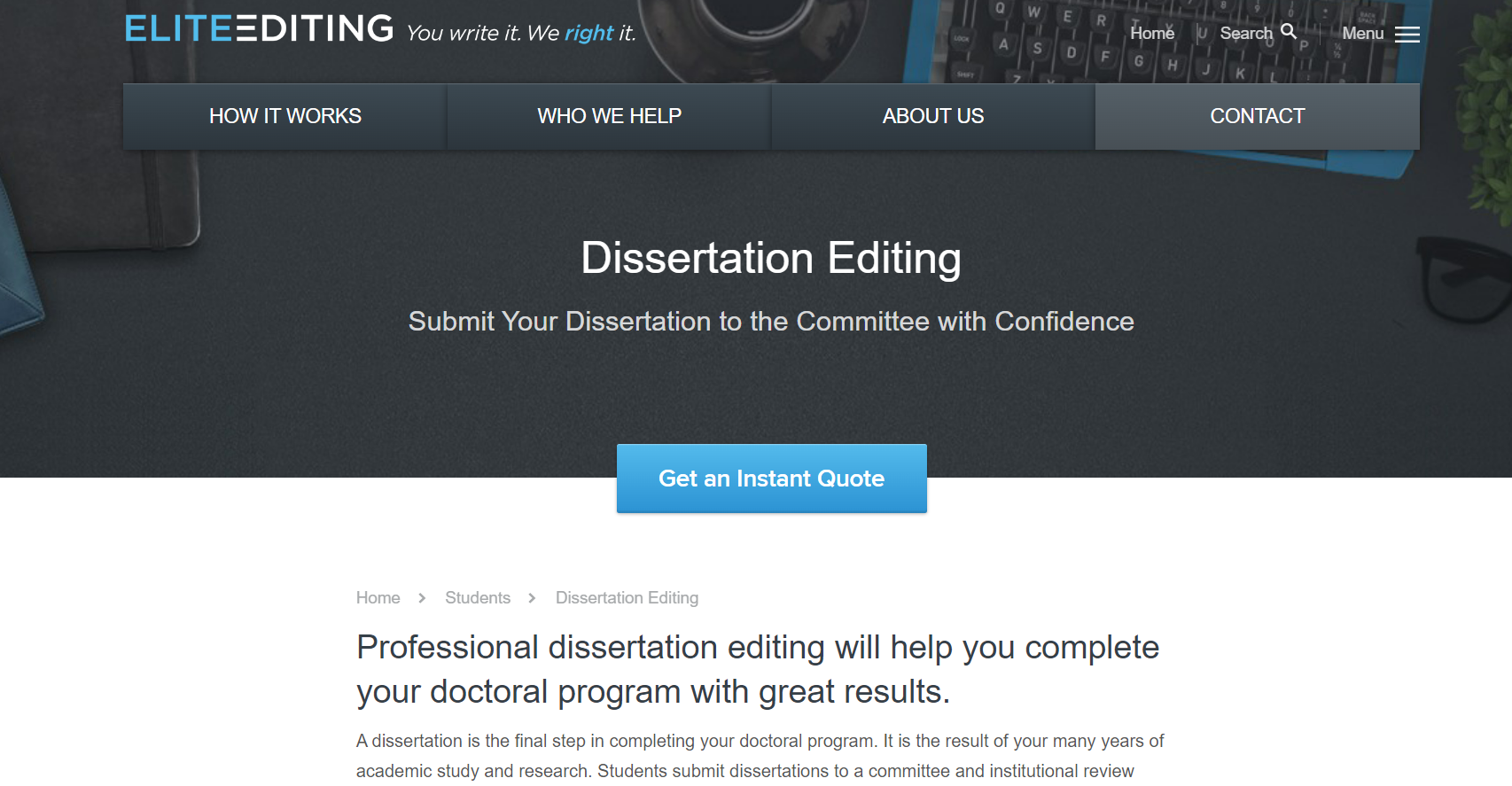 EliteEditing home service page.