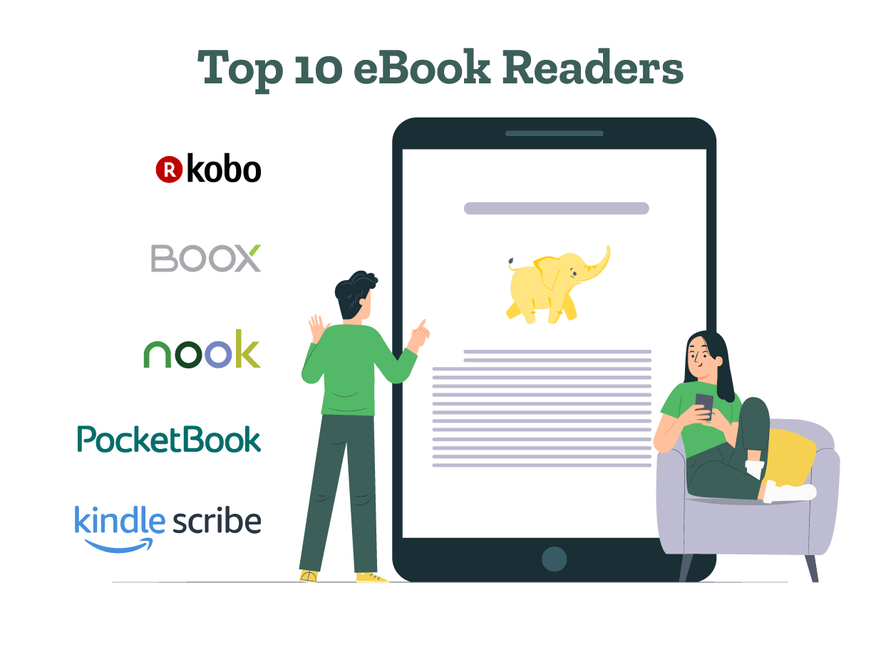 A girl is browsing through the best eBook readers like Kobo Libra 2, Kindle Scribe, PocketBook, and more.