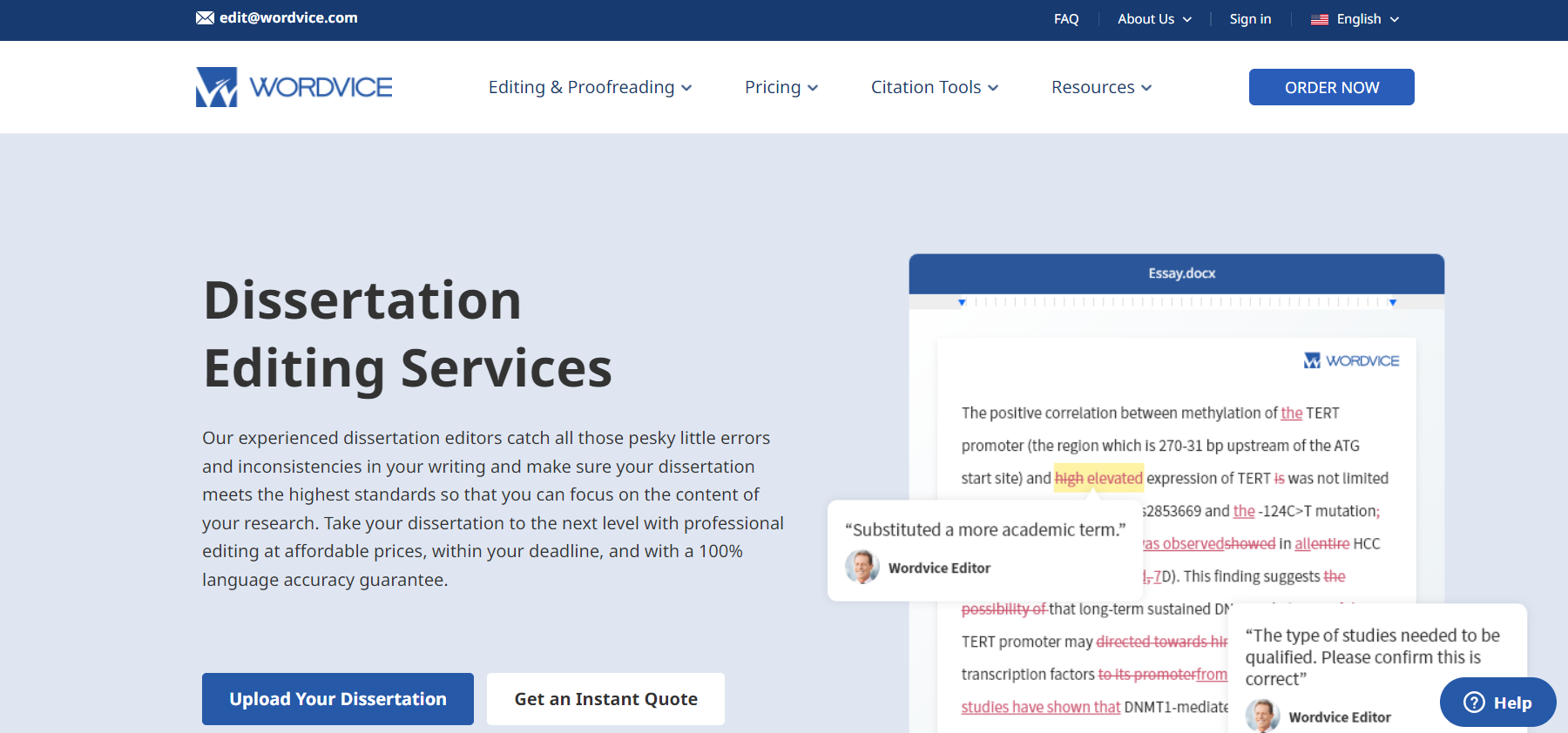 Wordvice home service page.
