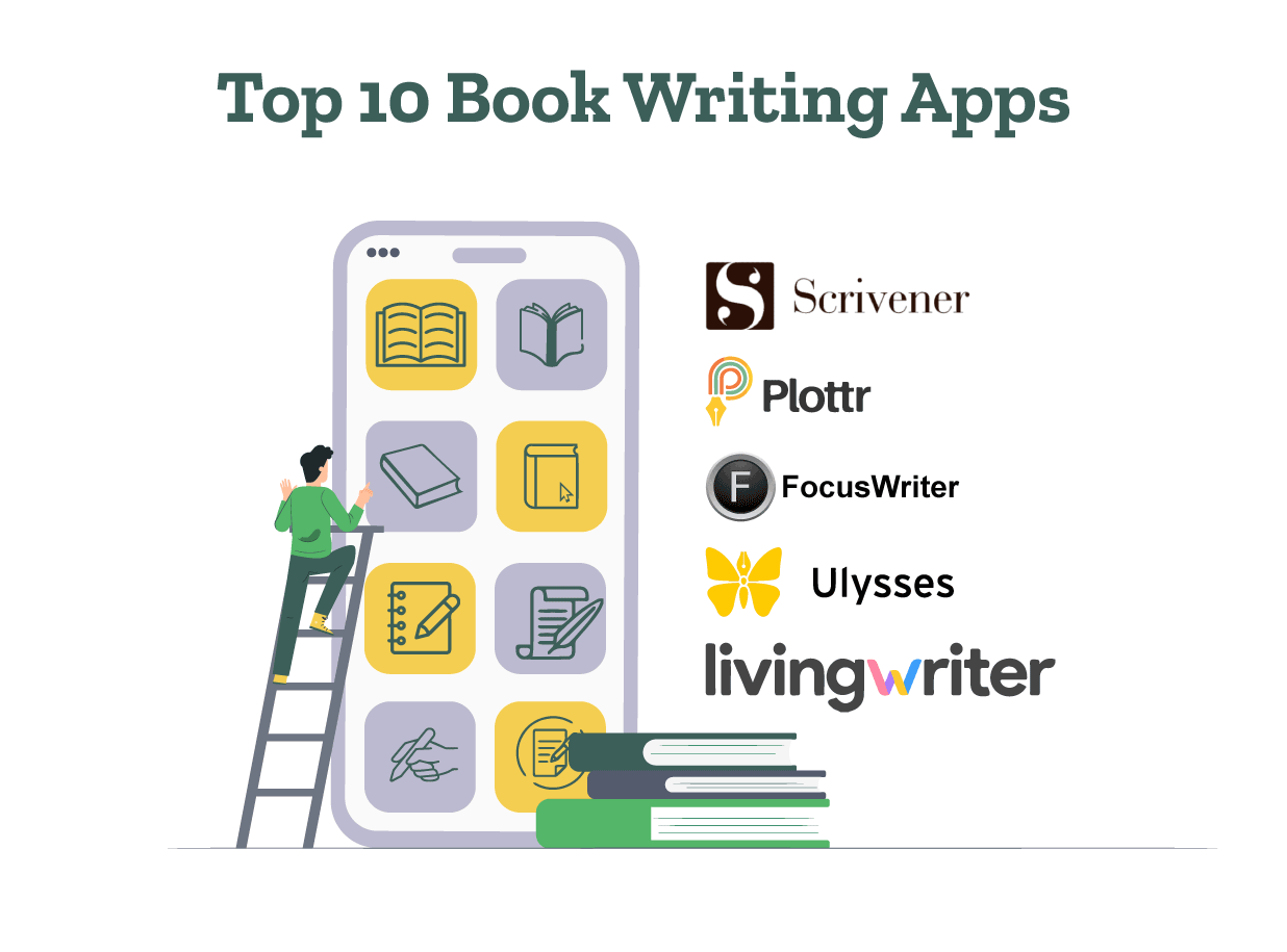 A student is using the top book writing apps like Scrivener, Ulysses, and Plottr.