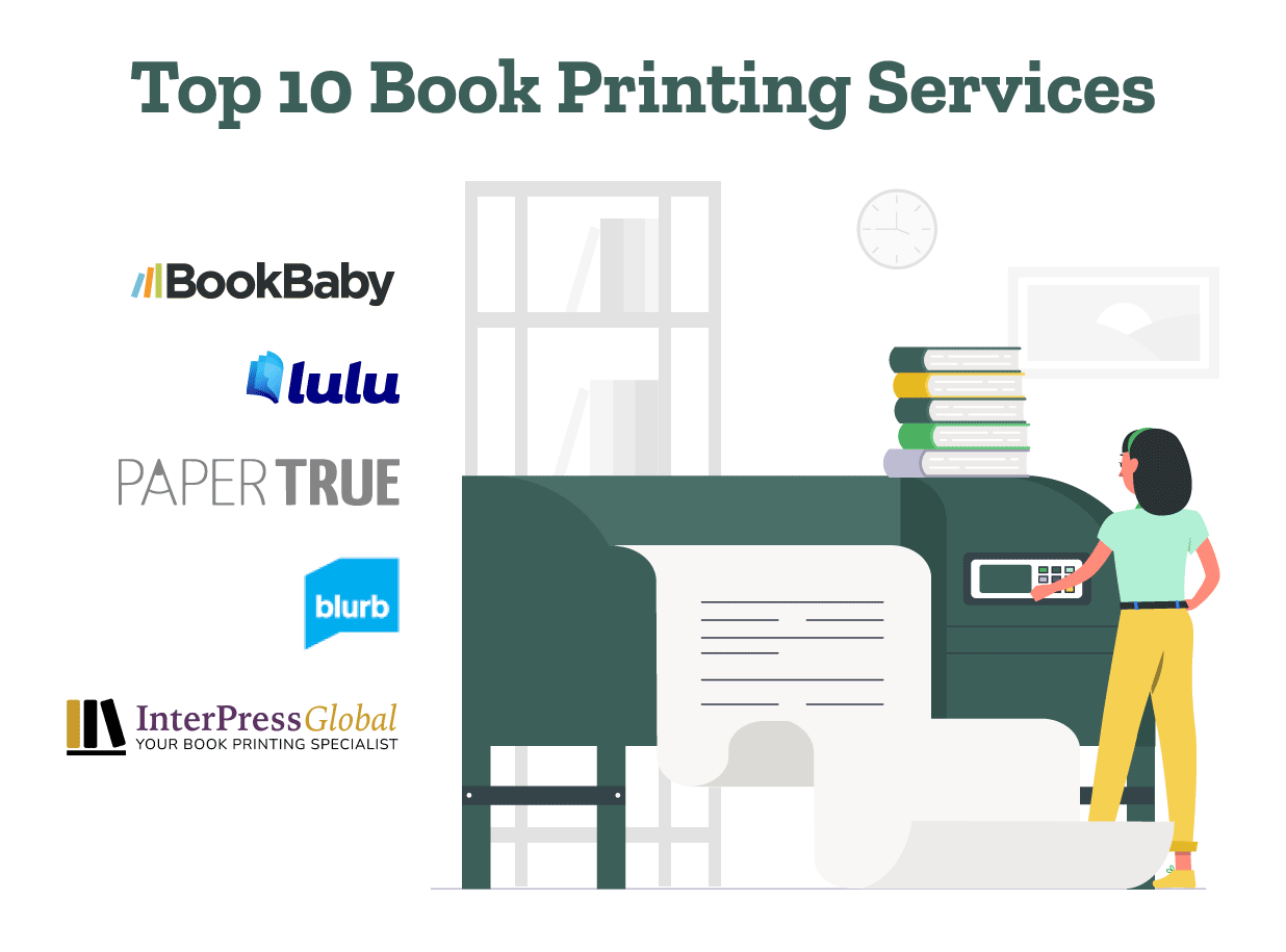 List of top 10 book printing services including BookBaby, Lulu, PaperTrue, and Blurb with a woman using a large printer.