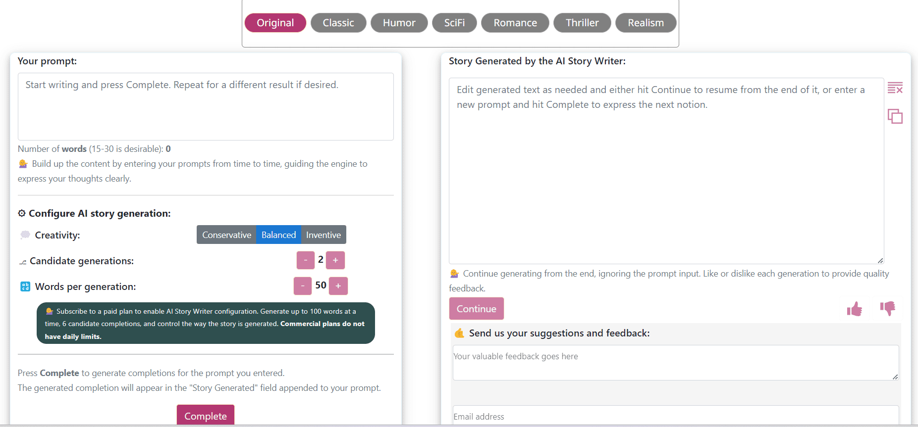 A screen of the Sassbook AI story generator. 