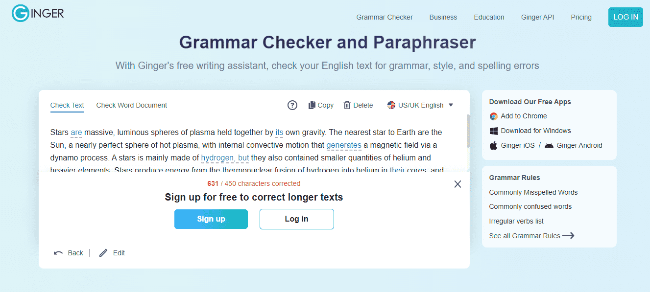 The web page of Ginger’s English corrector. 