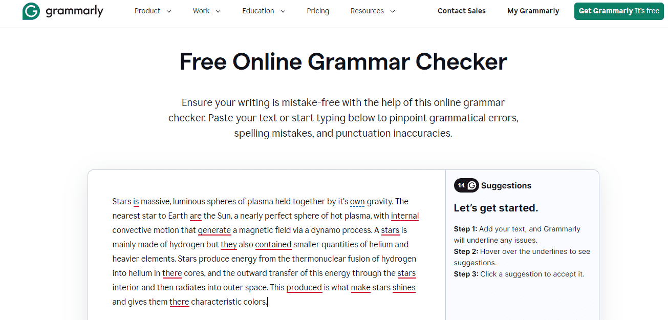 The web page of Grammarly’s English corrector. 