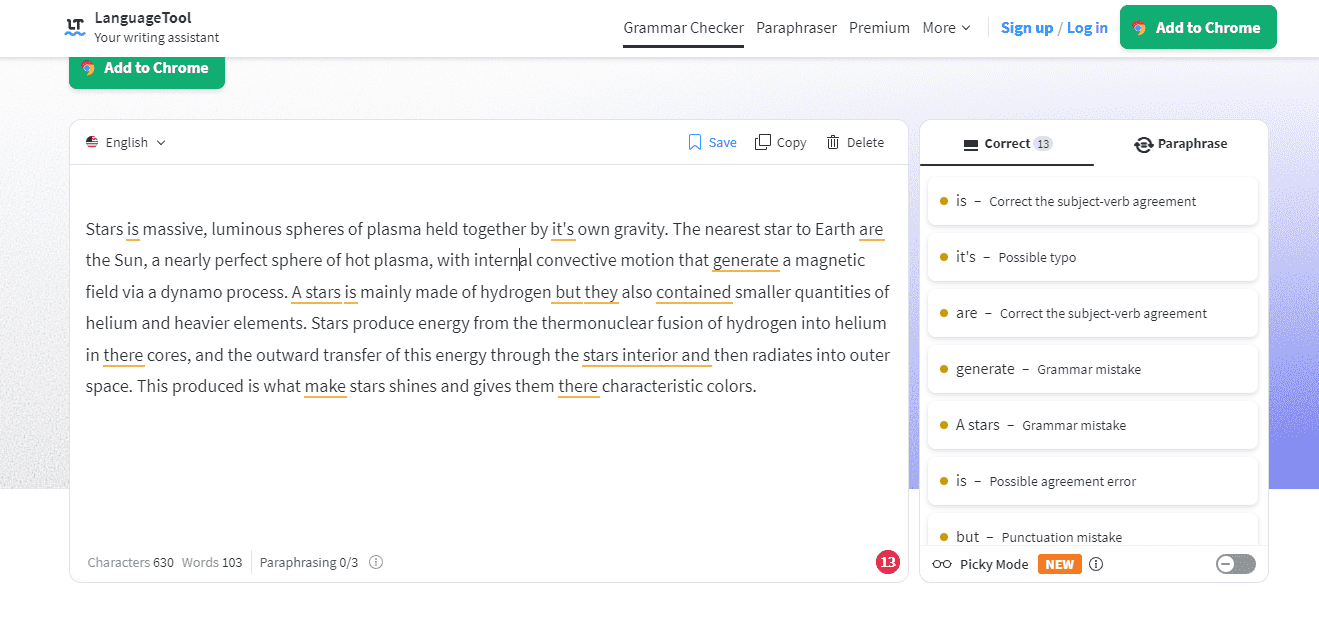 The web page of LanguageTool’s English corrector. 