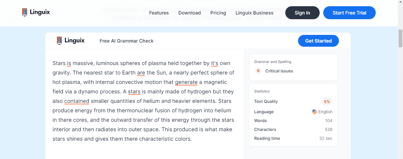 The web page of Linguix’s English corrector. 