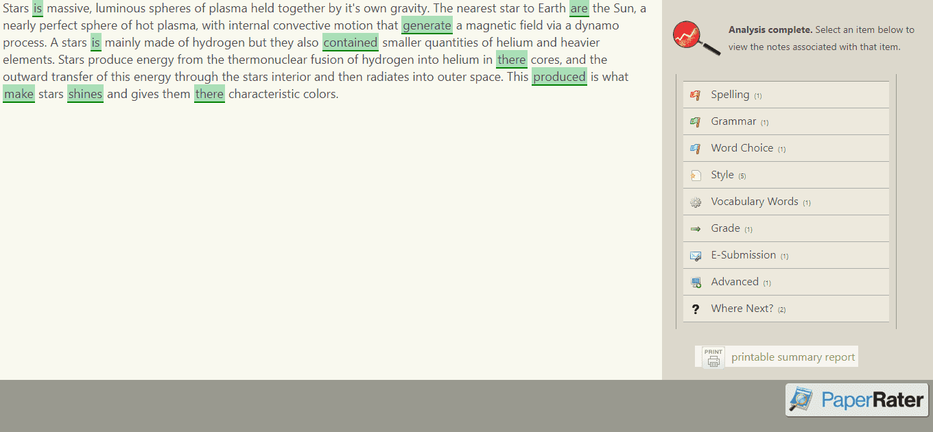 The web page of PaperRater’s English corrector. 