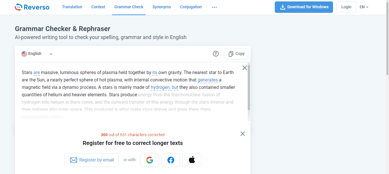 The web page of Reverso’s English corrector. 