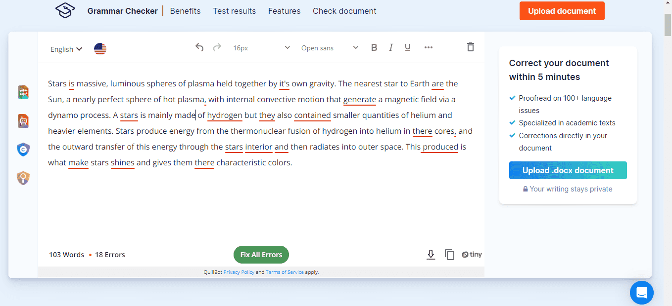 The web page of Scribbr’s English corrector. 