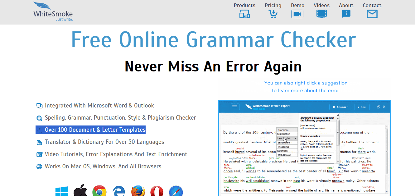 The web page of WhiteSmoke’s English corrector. 