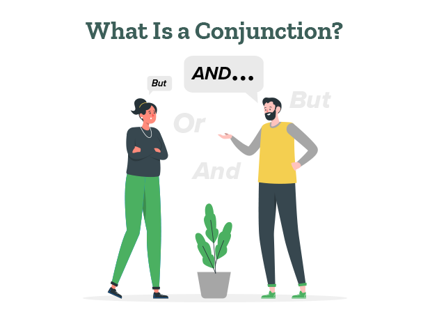 Two students are discussing conjunctions like “and”, “but”, and “or”.